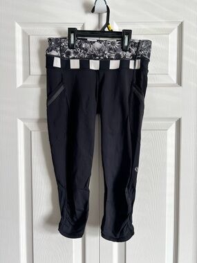lululemon athletica Black Capri Leggings with Floral Waistband